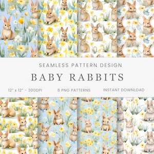 Patrones sin costuras de conejos bebés, papel digital de acuarela, descarga instantánea, fondo, reserva de chatarra, guardería para bebés, diseños de Pascua