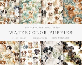 Puppy Patterns, Digital Seamless Paper, Instant Download, Watercolor Digital Background, Scrapbooking