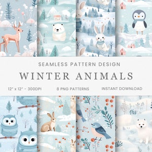 Patrones sin costuras de animales de invierno, papel digital, descarga instantánea, fondo digital, reserva de chatarra, guardería para bebés