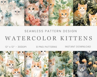 Watercolor Kittens Pattern, Digital Seamless Paper, Instant Download, Digital Background, Scrapbooking