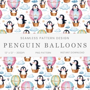 Naadloos papier pinguïns en heteluchtballonnen, aquarel dieren, afdrukbaar papier, pinguïnprint, kinderkamerdecoratie, commercieel gebruik