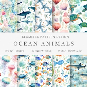 Animales del océano acuarela patrones sin costuras, papel digital, descarga instantánea, fondo digital, scrapbooking, guardería para bebés