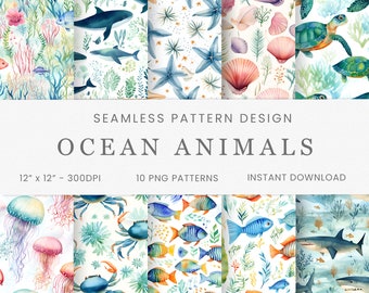 Ocean Animals Watercolor Seamless Patterns, Digital Paper, Instant Download, Digital Background, Scrapbooking, Baby Nursery