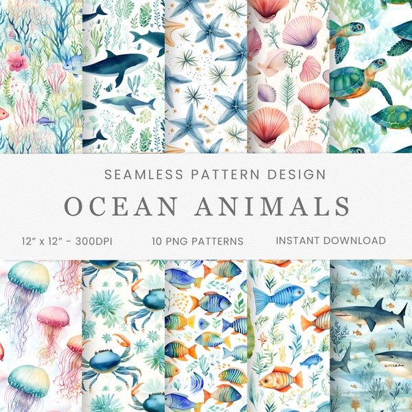 Ocean Animals Watercolor Seamless Patterns, Digital Paper, Instant Download, Digital Background, Scrapbooking, Baby Nursery