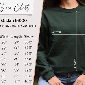 May include: Size chart for a Gildan 18000 Unisex Heavy Blend Sweatshirt. The chart shows measurements in inches for width, length, and sleeve length for sizes S through 5XL.