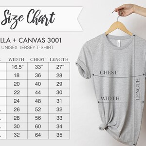 May include: Size chart for a unisex jersey t-shirt, Bella + Canvas 3001. The chart shows measurements in inches for width, chest, and length for sizes XS to 5XL.