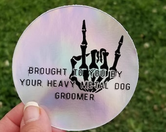 Heavy Metal Dog Groomer, funny grooming sticker, dog grooming sticker, custom round sticker, skeleton