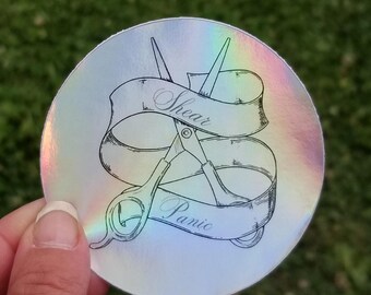 Shear Panic, pet grooming sticker, dog grooming sticker, custom round sticker, oil slick chrome