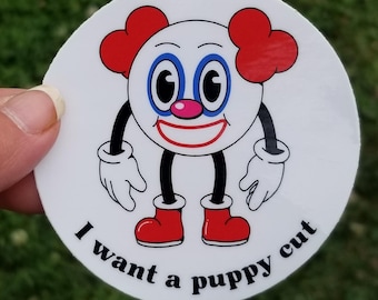 I want a puppy cut, funny grooming sticker, dog grooming sticker, custom round sticker, vinyl