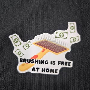 以下が含まれることがあります： ペット用ブラシのデザインと「BRUSHING IS FREE AT HOME」の文字が入ったステッカー。ステッカーは、ブラシの周りにドル記号が付いた地図の形をしています。