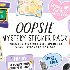 May include: A set of eight random and imperfect vinyl stickers. The stickers feature a variety of designs, including a retro arcade game, a book, a dress, a guitar, and a tarot card. The stickers are perfect for adding a touch of personality to your laptop, water bottle, or planner.