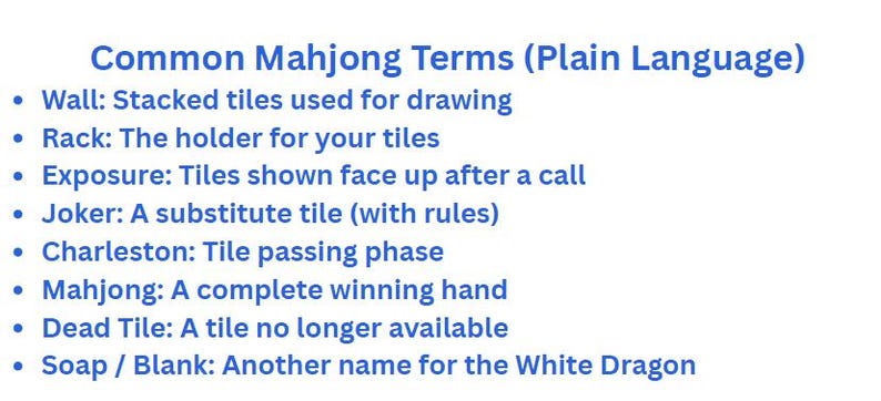Puede incluir: Un gr&aacute;fico azul con el t&iacute;tulo "Common Mahjong Terms (Plain Language)" y una lista de t&eacute;rminos con definiciones, incluyendo "Wall", "Rack", "Exposure", "Joker", "Charleston", "Mahjong", "Dead Tile" y "Soap / Blank".
