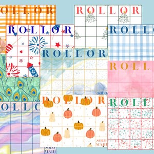May include: A collection of patterned cards with the word "ROLLOR" in various colors. Designs include fireworks, pumpkins, peacock feathers, and watercolor backgrounds. The cards are arranged on a light blue background.
