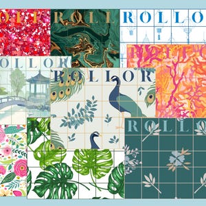 以下が含まれることがあります： 「ROLLOR」の文字が金または青で描かれた、さまざまな模様のタイルコレクション。赤いグリッター、緑の大理石、青い線画、オレンジ色のサンゴ模様、孔雀、花柄、葉柄のデザインが含まれています。