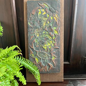 Vintage Sunflower Hammered and Hand Painted Copper Art on Wood
