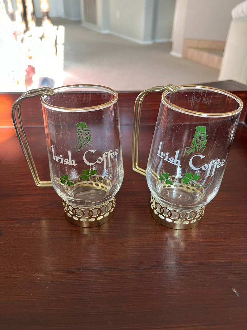 Unique Vintage Irish Coffee Cups Glass With Brass Base and Handle With