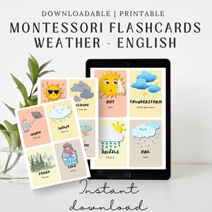Flashcards de clima em inglês com pronúncia | Aprenda termos de clima em inglês | Flashcards educacionais para impressão | Download digital