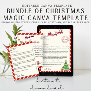 Christmas Magic Bundle - Lettres du Père Noël personnalisées, certificat, carte postale, modèles Canva de badge Elf Helper - Téléchargement instantané