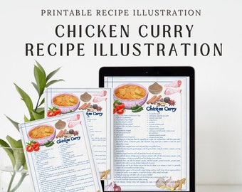 Carte de recette de poulet au curry - Cuisine indienne authentique avec illustrations d'ingrédients au curry