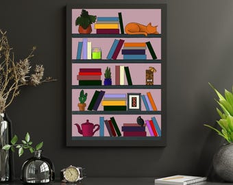May include: A bookshelf with a pink background and six shelves filled with books, plants, and decorative items. The top shelf has a cat sleeping on a stack of books. The second shelf has a candle and a plant. The third shelf has a plant and a small wooden figure. The fourth shelf has a small cactus and a framed picture. The fifth shelf has a teapot and a stack of books. The sixth shelf has a stack of books and a small bird.