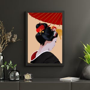 Elegant Geisha Digital Art Print – Traditional Japanese Wall Decor