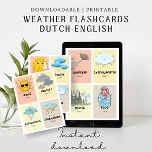 Flashcards météo Montessori néerlandais | Symboles météo bilingues néerlandais-anglais | Cartes d'apprentissage préscolaire | PDF imprimable pour les enfants