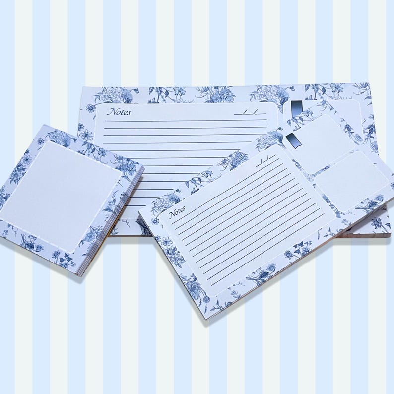 Floral Notepad Set | Blue Vintage Style Desk Notes | Elegant Stationery ...