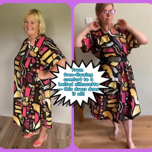 May include: A short-sleeved midi dress featuring a black base with a vibrant geometric pattern in shades of yellow, pink, and white. The text on the image reads: From free-flowing comfort to a belted silhouette — this dress does it all!