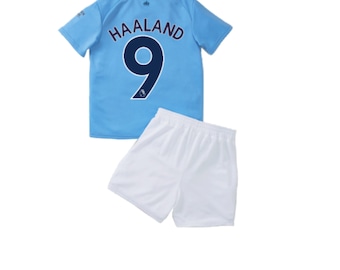 Youth Manchester City home soccer jersey Haaland No 9 jersey and shorts set