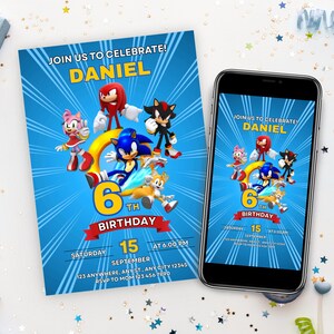 May include: A blue birthday invitation card and a smartphone screen displaying the same design featuring Sonic the Hedgehog characters including Amy, Knuckles, Shadow, Sonic, and Tails with the text JOIN US TO CELEBRATE DANIEL 6TH BIRTHDAY.