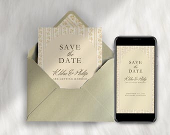 Invito Save The Date Vintage Floreale Giallo, Invito Evite, Elegante Invito di Matrimonio Stampabile con Arco Elegante e Set di Fodera per Busta Chic
