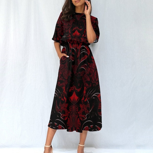 Robe midi manches courtes avec poches et taille élastique, robe longue en jersey d'épaisseur moyenne, cadeau pour femme