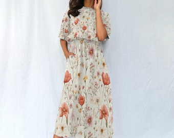 Floral Midi Dress Short Sleeves with Pockets and Elastic Waist Band, Mid Weight Jersey Boho Maxi Dress Petite to Plus Size, Gift for Women