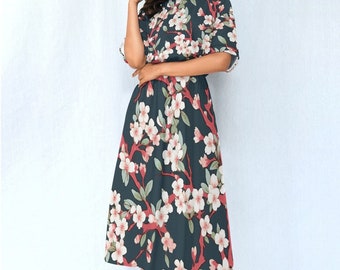 Floral Midi Dress Short Sleeves with Pockets and Elastic Waist Band, Boho Mid weight Jersey Maxi in Sizes XS-3XL, Cottagecore Gift for Women