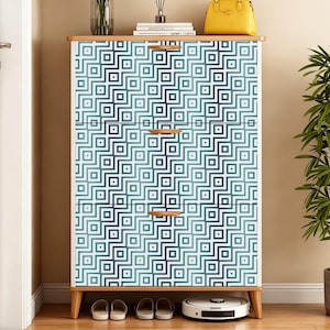 アメリカ製木製シューズキャビネット、レトロなフェイクレザー仕上げ、22足収納