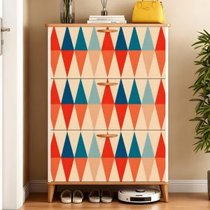 ヴィンテージレトロなフェイクレザー仕上げの木製シューズキャビネット。最大22足の靴を収納可能。米国製。