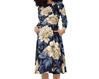 Dress Cottagecore Floral Midi Long Sleeve with Pockets for Women, Work, Travel, Church, Everyday Wear Modest Fit and Flare Boho Dress