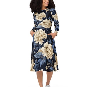 Dress Cottagecore Floral Midi Long Sleeve with Pockets for Women, Work, Travel, Church, Everyday Wear Modest Fit and Flare Boho Dress