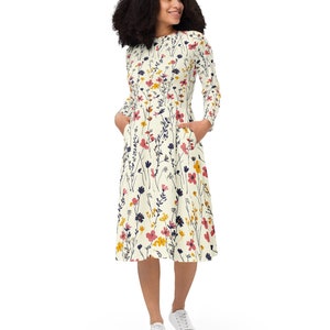 Dress Cottagecore Floral Midi Long Sleeve with Pockets for Women, Work, Travel, Church, Everyday Wear Modest Fit and Flare Dress