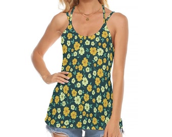 Floral Tank Top Backless with Spaghetti Straps Lace-up Sleeveless Halter Cottagecore Summer Fashion for Women Petite to Plus Size S-5XL