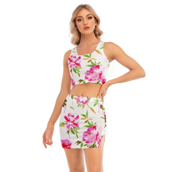 Ensemble jupe et haut pour femme caraco court et tailleur mini jupe avec fente sur les cotes mode printemps ete tendance pour elle Etsy France