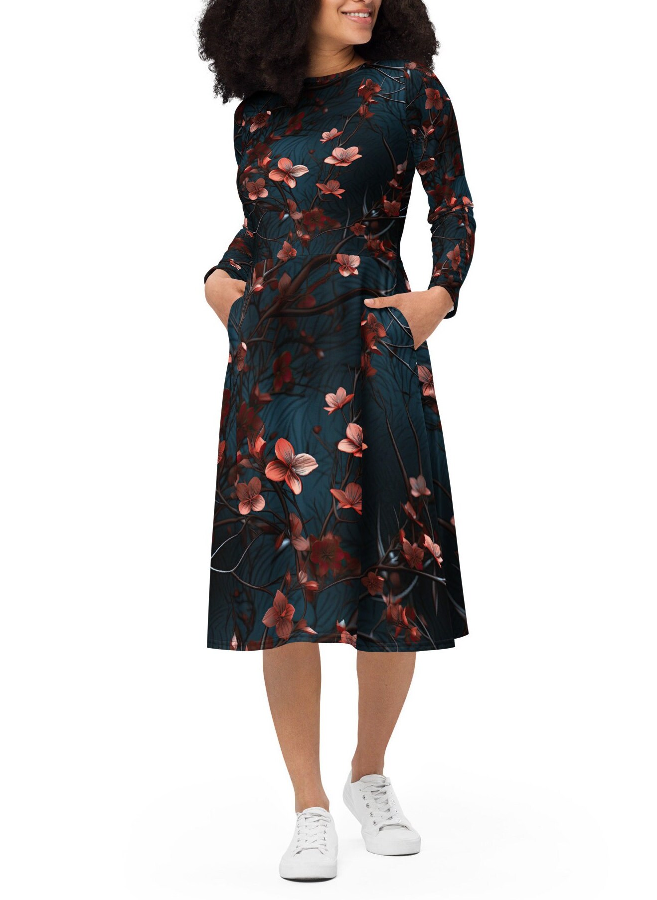 Floral Long Sleeve Midi Dress With Pockets, Flattering Fit and Flare ...