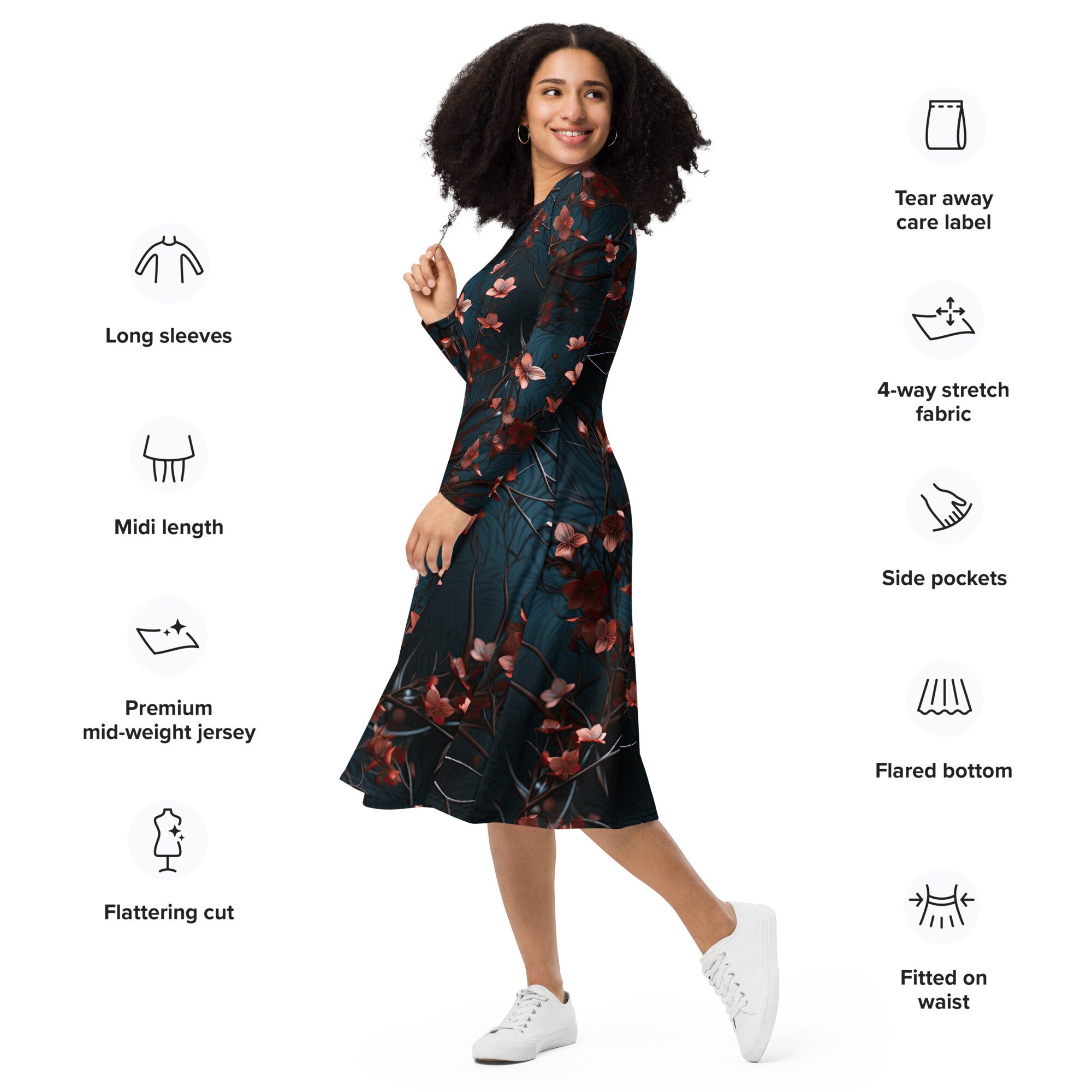 Floral Long Sleeve Midi Dress With Pockets, Flattering Fit and Flare ...