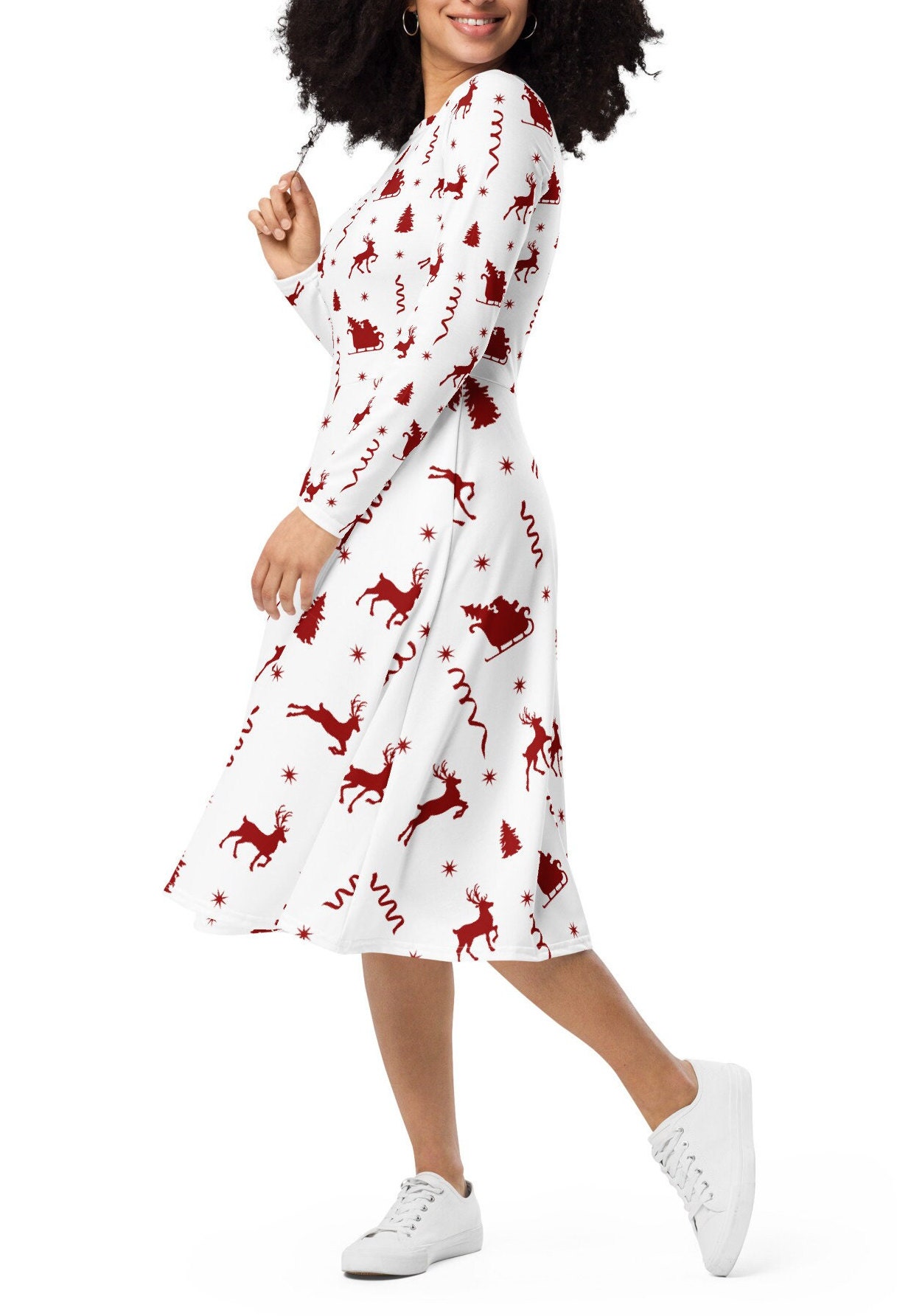 Long Sleeve Midi Dress With Pockets, Cute Christmas Dress for Women