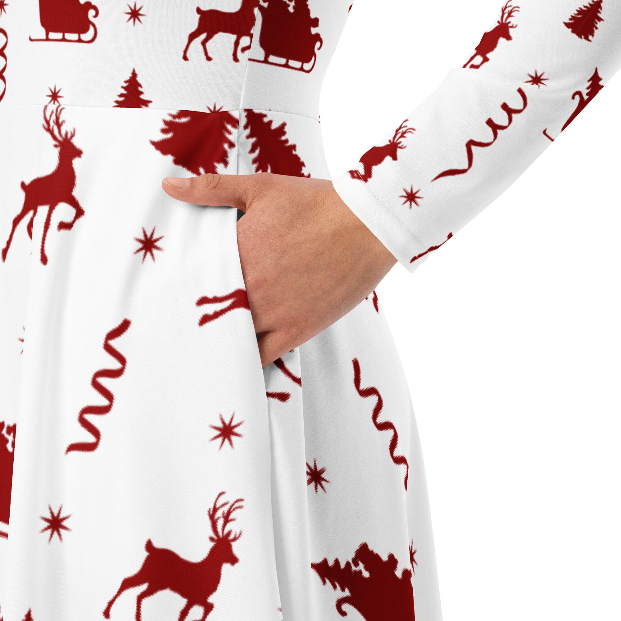 Long Sleeve Midi Dress With Pockets, Cute Christmas Dress for Women