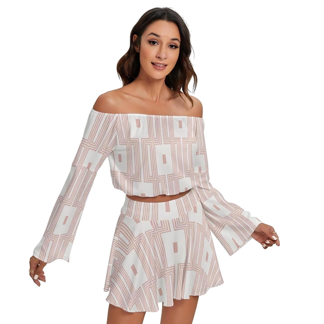 Boho Skirt and Top Set for Women, Skater Mini Skirt and Long Sleeve ...