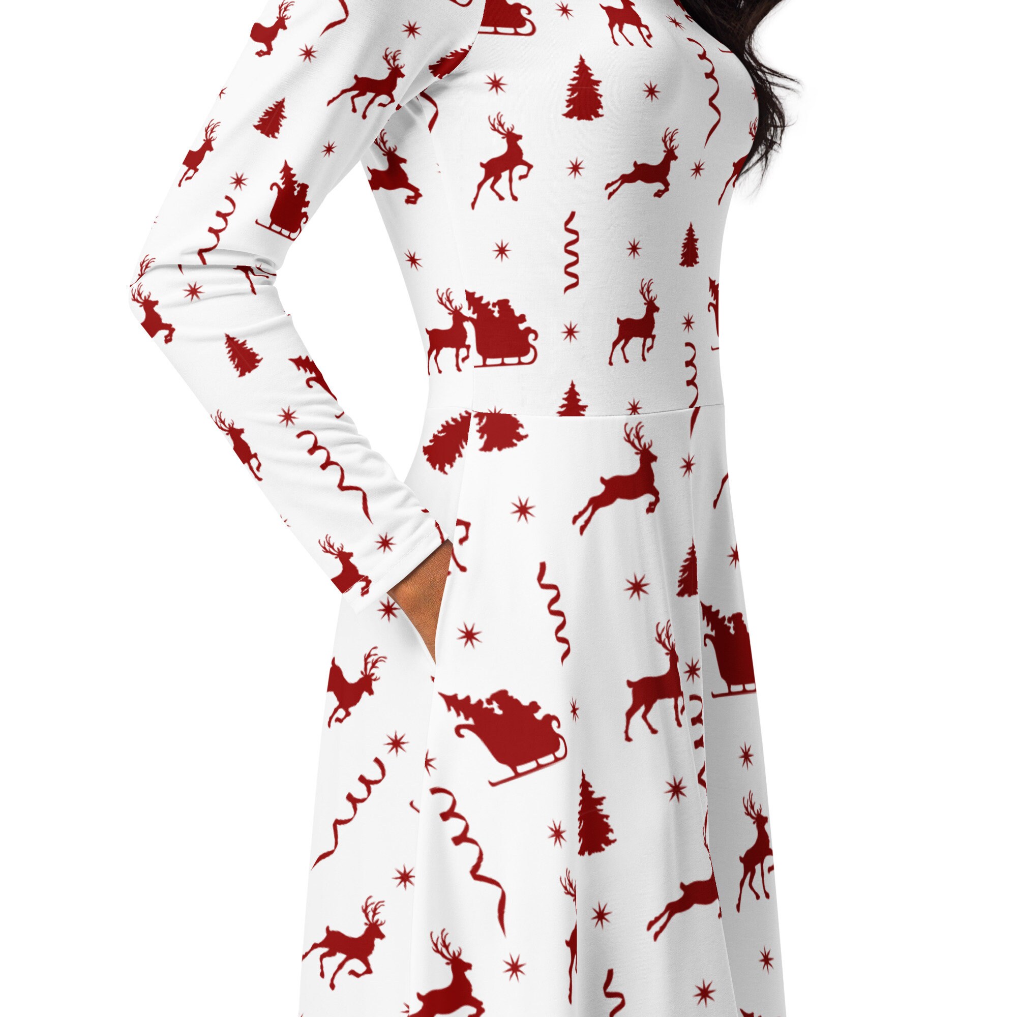 Long Sleeve Midi Dress With Pockets, Cute Christmas Dress for Women