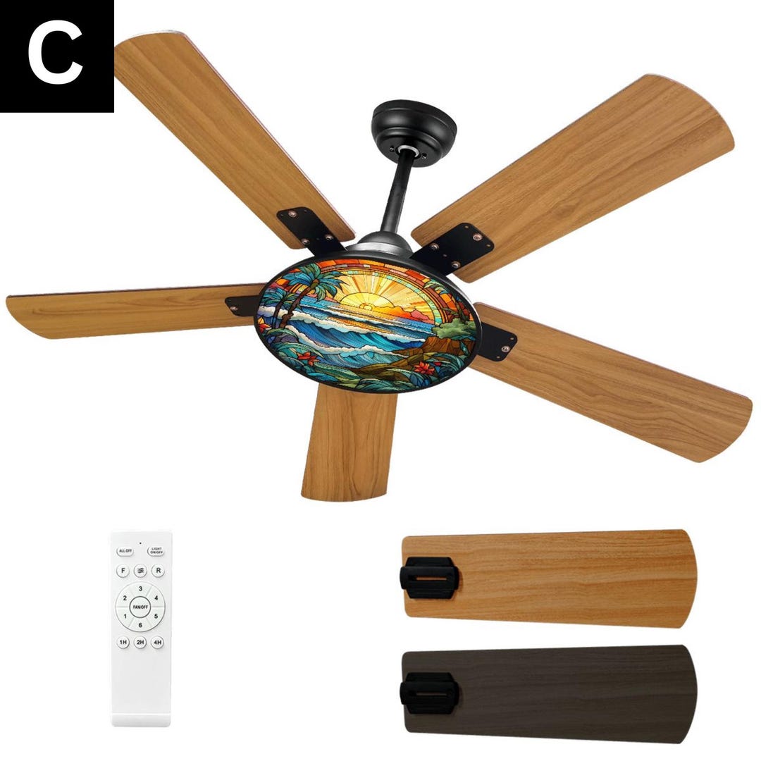Stained Glass Ceiling Fan With Light | Wooden Blades, Remote Controlled ...