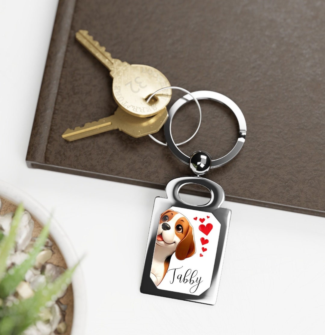 Personalized Beagle Dog Keychain, Custom Dog Name Key Tag, Bag Charm