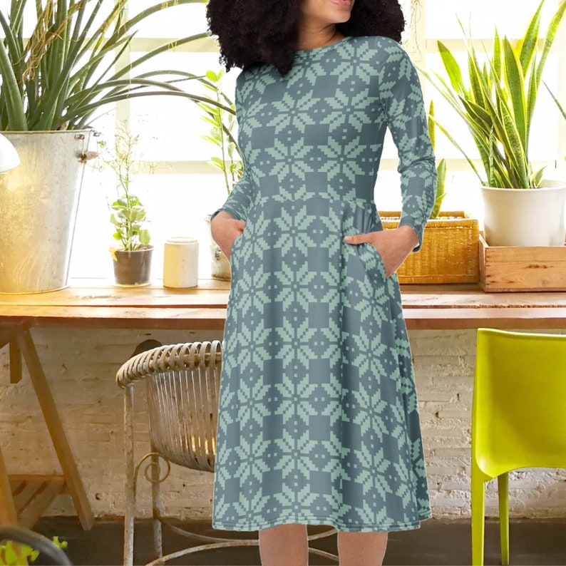Women's Fall Midi Dress – Long Sleeve Pocket Blouson Style With Elastic Waist & Side Slits - View #11